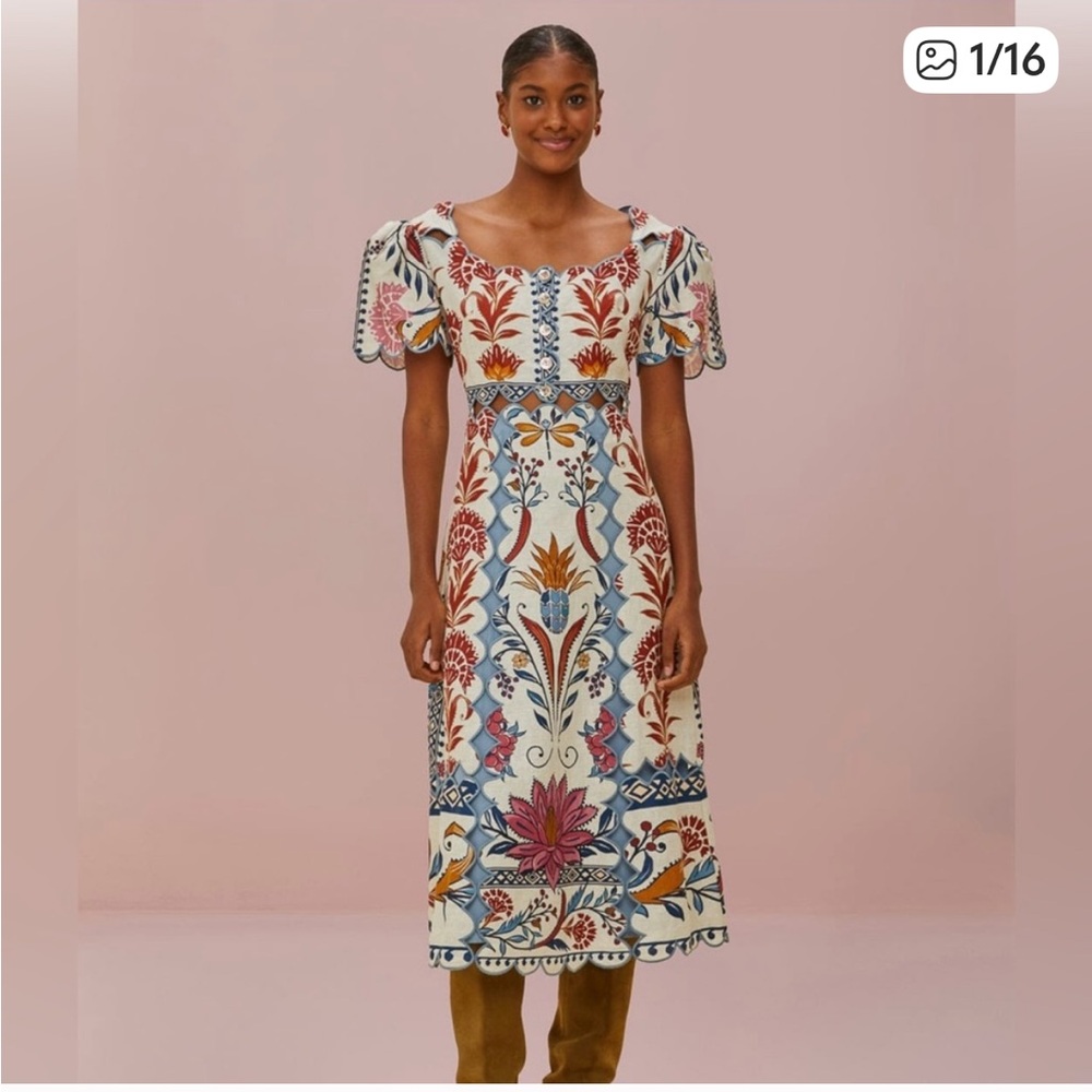 Farm Rio- Romantic Lightness Short Sleeve, embroidered Midi Dress size S - NWOT